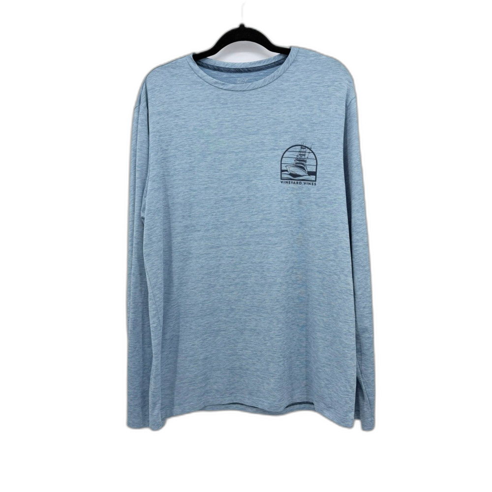 Vineyard Vines Performance Long Sleeve Fishing Shirt Boat Logo Blue Med Oversiz